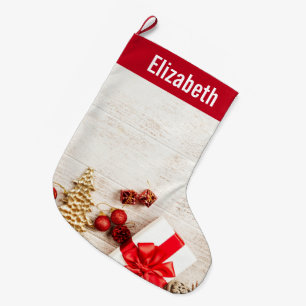 Calcetín Navideño Grande Temas de navidades en una pizarra de madera rústic