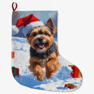 Calcetín Navideño Grande Terrier Tibetano Corriendo en la Nieve con Sombrer
