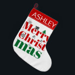 Calcetín Navideño Grande Tipografía navideña y elementos vintage<br><div class="desc">Feliz tipografía navideña y elementos vintage Grandes Navidades de acopio. Incluye el texto "Feliz Navidad" en tipografía roja y verde y elementos vintage como árbol,  berry holly,  Santa Claus,  muñeco de nieve,  copo de nieve y adorno de bola.</div>