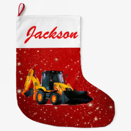 Calcetín Navideño Grande Tractor de cargador amarillo moderno en rojo