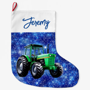 Calcetín Navideño Grande Tractor verde moderno azul