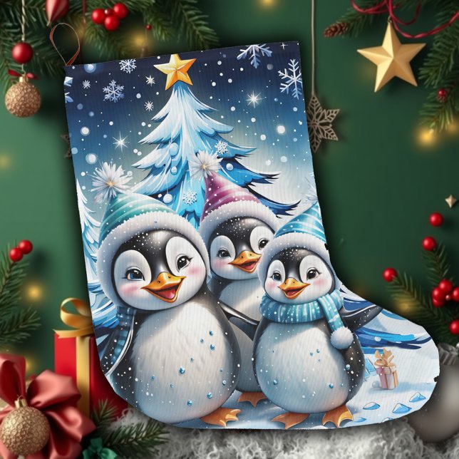 Calcetín Navideño Grande Tres adorables pingüinos (Subido por el creador)