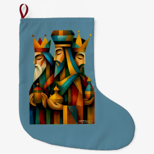 Calcetín Navideño Grande Tres Reyes Magos Arte Abstracto de la Natividad 