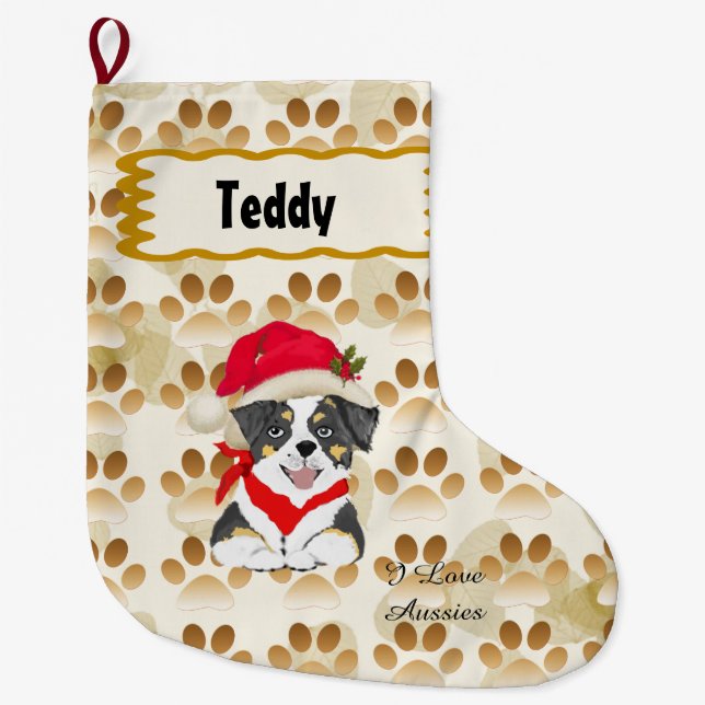 Calcetín Navideño Grande Tri perrito australiano negro del navidad (Anverso)