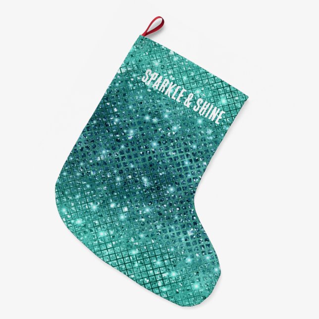 Calcetín Navideño Grande Turquoise Aqua Green Sparkle (Frente (Colgado))