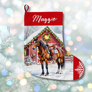 Calcetín Navideño Grande Un caballo marrón festivo y Navidades del granero 