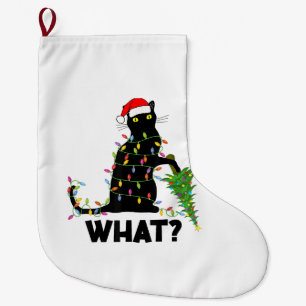 Calcetín Navideño Grande Un gato negro gracioso que presiona el árbol de Na