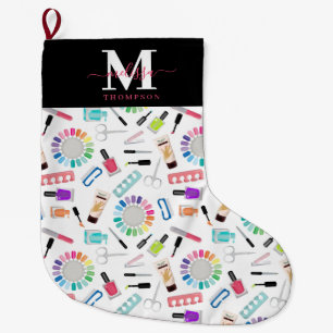 Calcetín Navideño Grande Uñas Manicura Pedicura Salón de Belleza Monograma