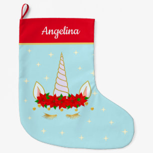 Calcetín Navideño Grande Unicornio, flores de poinsettia y estrellas en azu