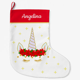 Calcetín Navideño Grande Unicornio, flores de poinsettia y estrellas en roj