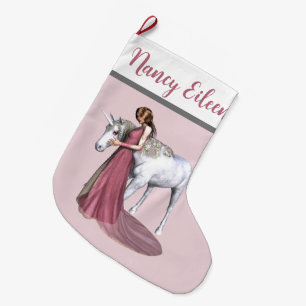 Calcetín Navideño Grande Unicornio y doncella rosa y gris personalizados