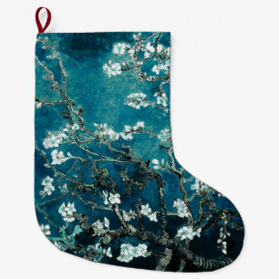Calcetín Navideño Grande Van Gogh Almond Blossoms Oscuro Verde azulado