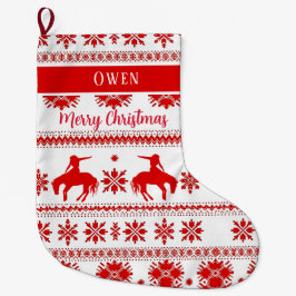 Calcetín Navideño Grande Vaquero de Rodeo Nórdico Rojo Navidad
