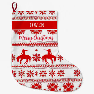 Calcetín Navideño Grande Vaquero de Rodeo Nórdico Rojo Navidad