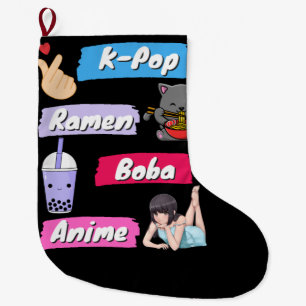 Calcetín Navideño Grande Ventilador de la cultura K-Pop, Ramen, Boba y Anim