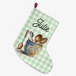 Calcetín Navideño Grande "Verde y Blanco Cuadriculado - Cucharas en Taza