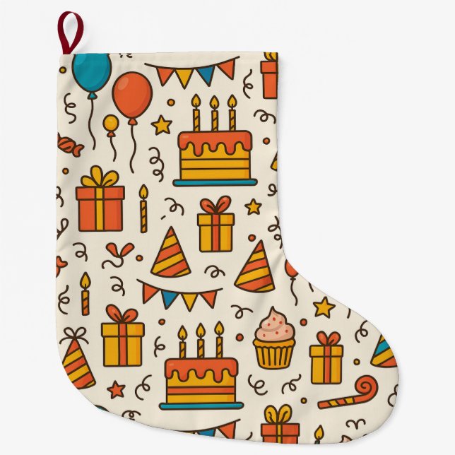Calcetín Navideño Grande Vibrant Birthday Party Seamless Pattern (Anverso)