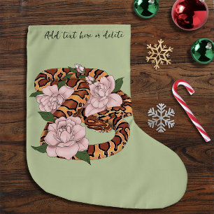 Calcetín Navideño Grande Vibrante Serpiente de Maíz Flores de Peonía Rosa V