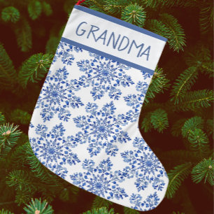 Calcetín Navideño Grande Viejo Chinoiserie Blue White Snflakes