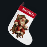 Calcetín Navideño Grande Vintage Santa Navidades Tradicionales<br><div class="desc">Navidades con un nombre personalizado. Diseñado con una imagen de estilo vintage con el clásico Santa Claus sentado en un sillón de estilo antiguo. Bonito diseño de Navidades tradicionales.</div>