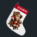 Calcetín Navideño Grande Vintage Santa Navidades Tradicionales<br><div class="desc">Navidades con un nombre personalizado. Diseñado con una imagen de estilo vintage con el clásico Santa Claus sentado en un sillón de estilo antiguo. Bonito diseño de Navidades tradicionales.</div>