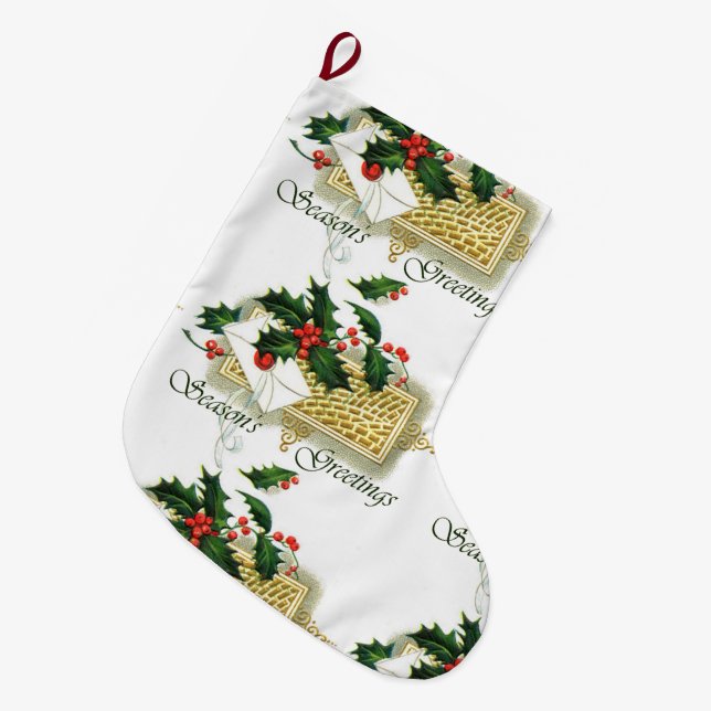 Calcetín Navideño Grande Vintage Seasons Greetings Navidades (Frente (Colgado))