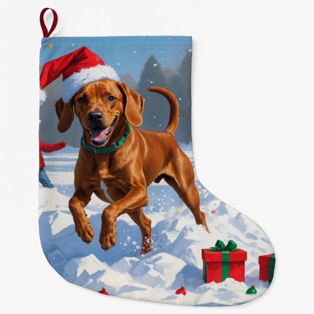 Calcetín Navideño Grande Vizsla corre en Nieve con Gorra Navidad (Anverso)