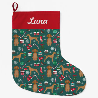 Calcetín Navideño Grande Vizsla Navidad Perros Festivo Verde Rojo Puño Nomb