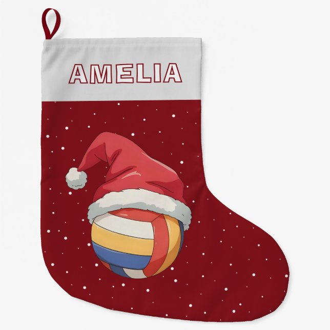 Calcetín Navideño Grande Volleyball Ball Red Santa Hat Name (Anverso)