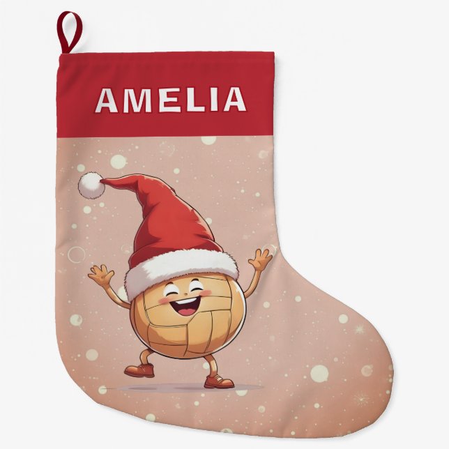 Calcetín Navideño Grande Volleyball Ball Red Santa Hat Name (Anverso)
