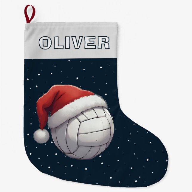 Calcetín Navideño Grande Volleyball Ball Red Santa Hat Name (Anverso)