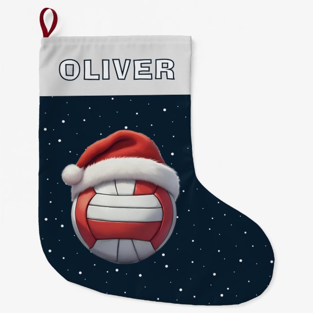 Calcetín Navideño Grande Volleyball Ball Red Santa Hat Name (Anverso)