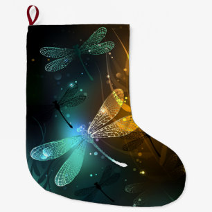 Calcetín Navideño Grande Vuelo de libélula luminosa verde
