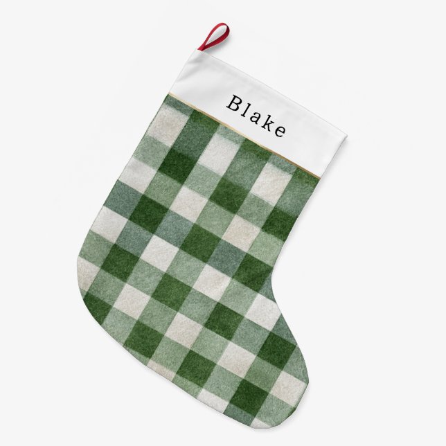 Calcetín Navideño Grande Warm Cream Green Plaid Stripes Christmas (Frente (Colgado))