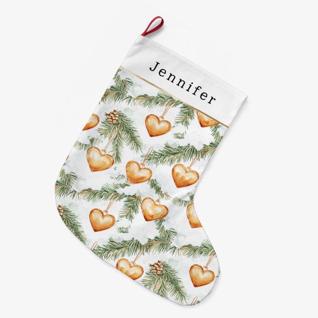 Calcetín Navideño Grande Warm Creamy Caramel Hearts Christmas Tree Branches (Frente (Colgado))