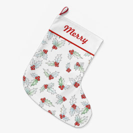 Calcetín Navideño Grande Watercolor Holly Leaves and Red Berries 