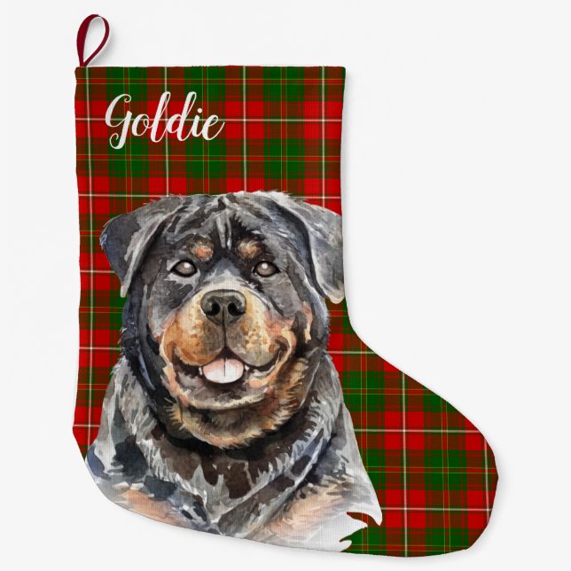 Calcetín Navideño Grande Watercolor Rottweiler Dog Personalizado (Anverso)