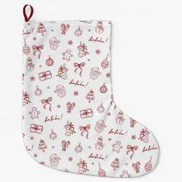 Calcetín Navideño Grande Whimsical Hand Drawn Doodle Red