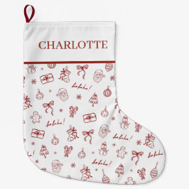 Calcetín Navideño Grande Whimsical Hand Drawn Doodle Red