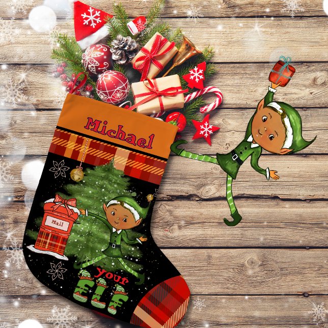 Calcetín Navideño Grande Whimsical Little Elf Boy Christmas Kids Stocking (Whimsical Little Elf Boy Christmas Kids Stocking)