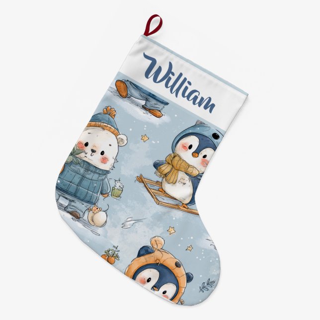 Calcetín Navideño Grande Whimsical Snowy Pattern | Christmas Stocking  (Frente (Colgado))