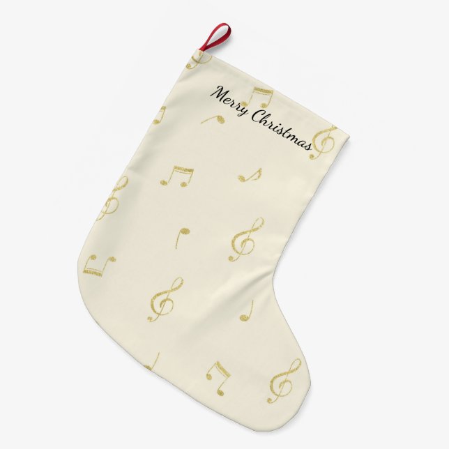 Calcetín Navideño Grande White Gold Music Notes Christmas (Frente (Colgado))
