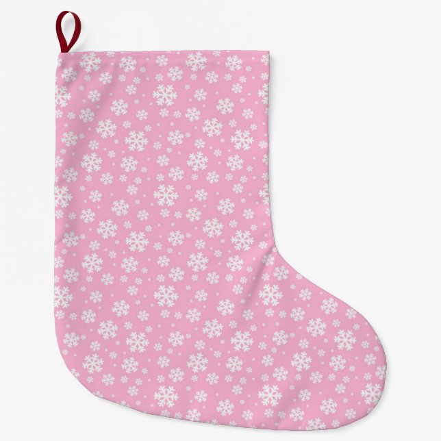 Calcetín Navideño Grande White Snowflakes on Light Pink Winter Pattern (Anverso)