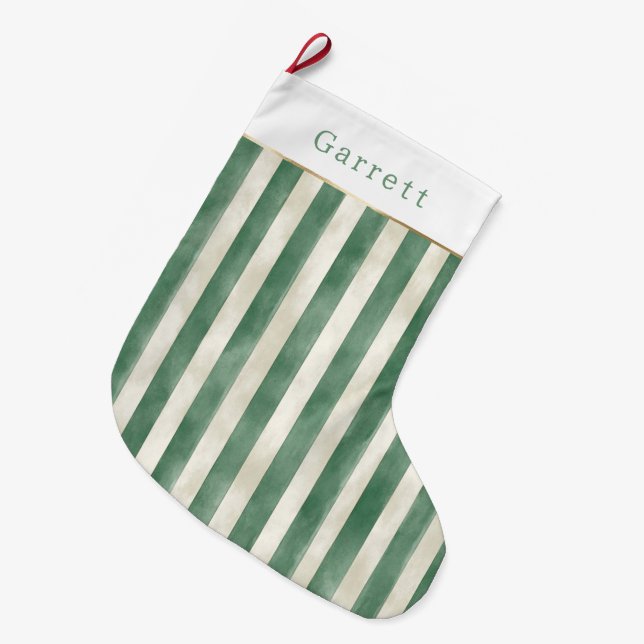Calcetín Navideño Grande Winter Green Cream Stripes Christmas (Frente (Colgado))