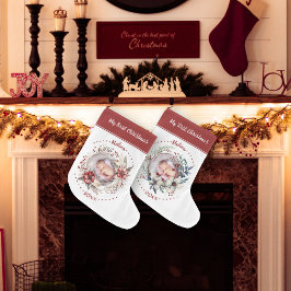 Calcetín Navideño Grande Wreath with Baby's First Christmas photo