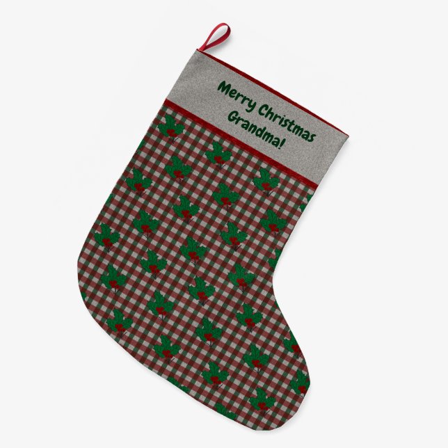 Calcetín Navideño Grande Xmas Gingham de los años 1940 - Personalizado (Frente (Colgado))