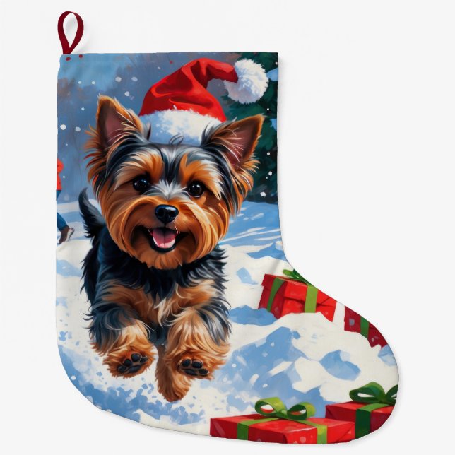Calcetín Navideño Grande Yorkshire Terrier en Nieve con Gorra Navidad (Anverso)