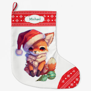 Calcetín Navideño Grande Zorro Lindo Copo de Nieve Borde Rojo Niños