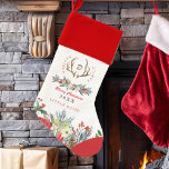 Calcetín Navideño Monograma de floral rojo y ruso personalizado<br><div class="desc">Rústico y elegante coraje de ciervos y acuarela estacional floral monogramado familia personalizada Feliz Navidad tradicional caldo con texto totalmente editable.             Fácil de personalizar con el nombre de su familia,  inicial,  año y nombre de la persona.</div>