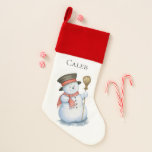 Calcetín Navideño Navidades encantados Snowman Personalizan el análi<br><div class="desc">Hermoso muñeco de nieve de invierno pintado con gorra,  bufanda y escoba,  Navidades personalizados abasteciéndose. Diseñado para coincidir con nuestra colección de Navidades encantados.</div>